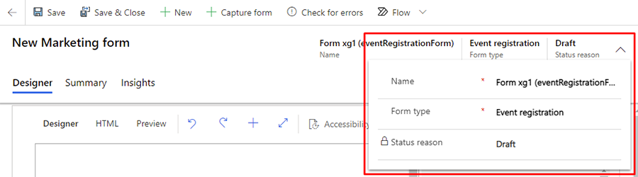 Configurações do cabeçalho do formulário de registro de eventos.