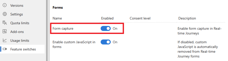 Habilite a captura de formulário em opções de recurso.