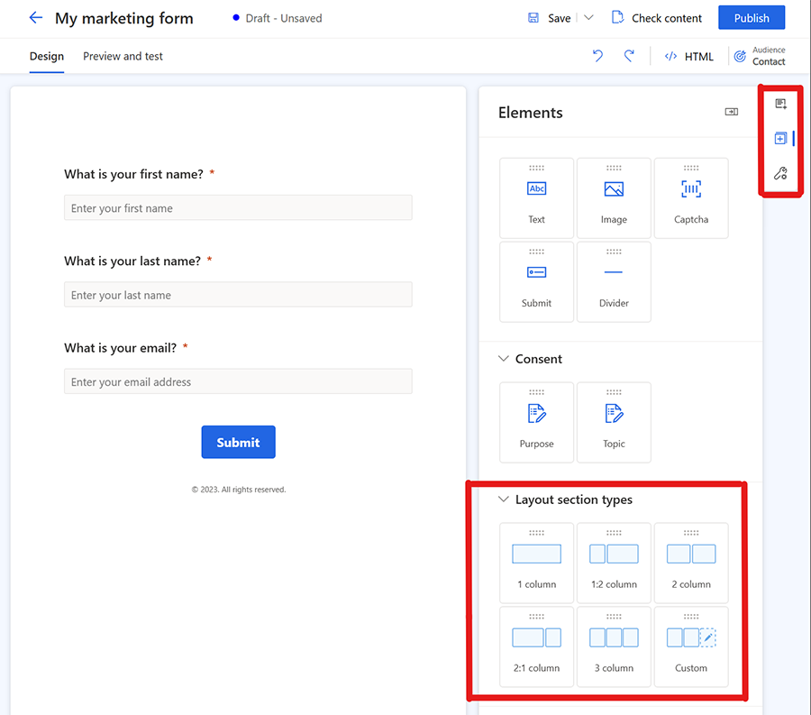 Defina o layout e as seções do seu formulário.