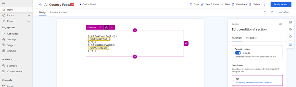 Captura de tela de tokens em um bloco de conteúdo condicional.