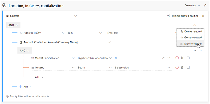 Usar o menu Mais opções para parametrizar uma linha.