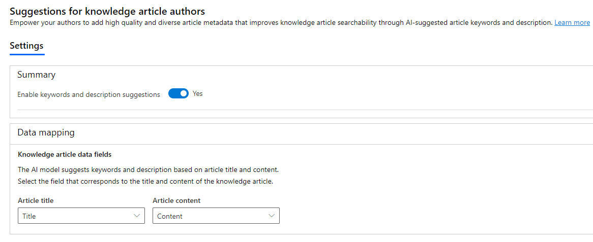 Configure as palavras-chave e a descrição de artigos sugeridas pela IA.