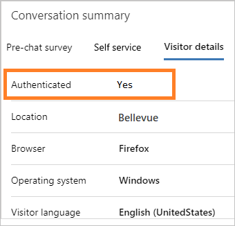 Conversa autenticada exibida como Sim na guia Detalhes do visitante