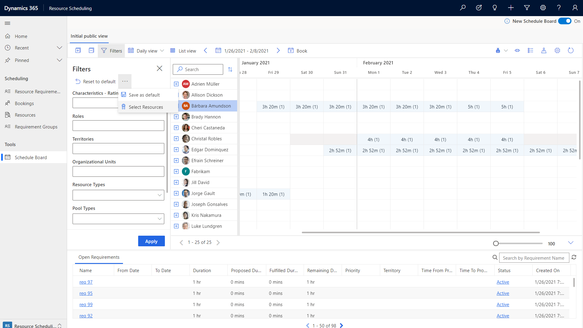 Captura de tela do painel de agendamento, mostrando os recursos.