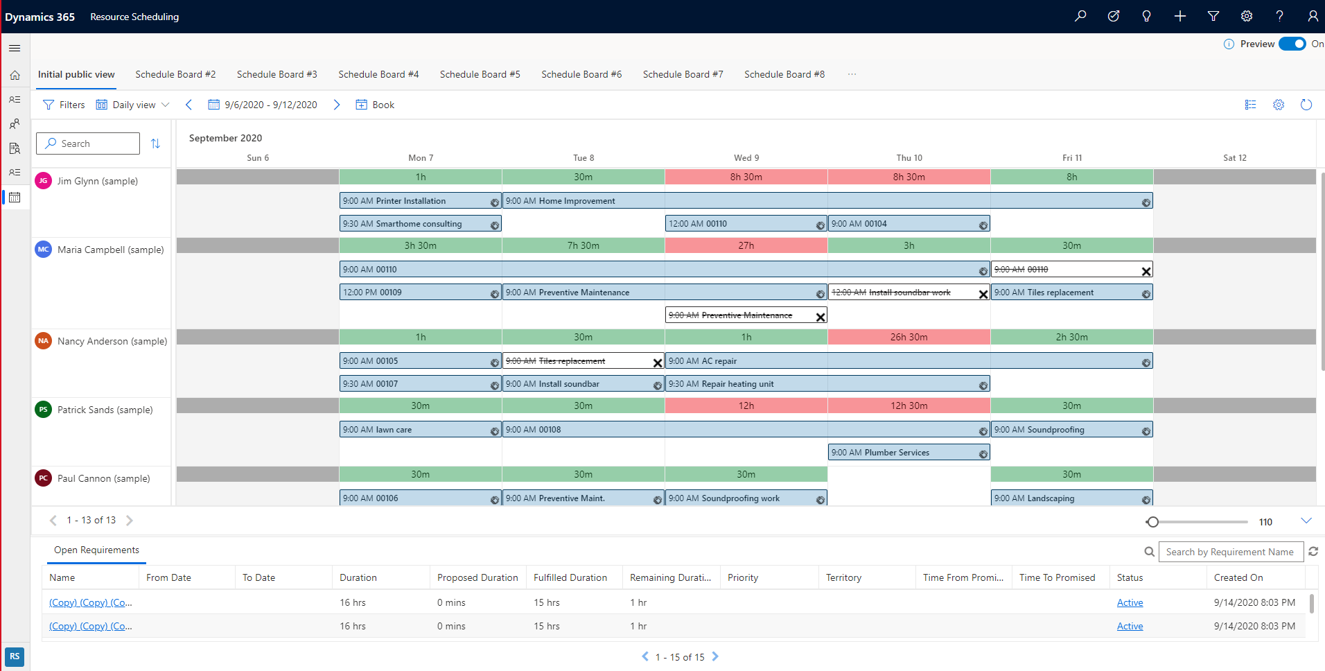 Captura de tela do novo painel de agendamento mostrando outro detalhe de exibição diária.