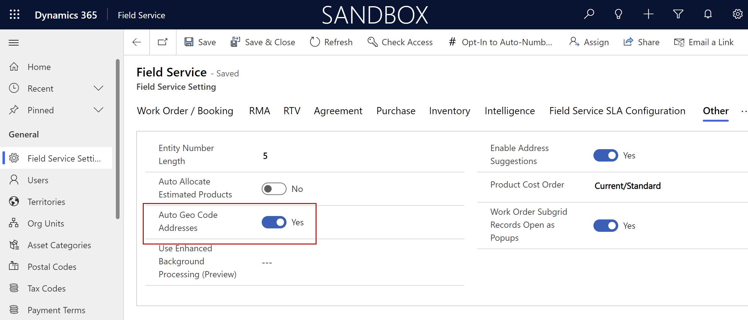 Captura de tela das configurações do Field Service com a configuração de endereços de código geográfico automático ativada.