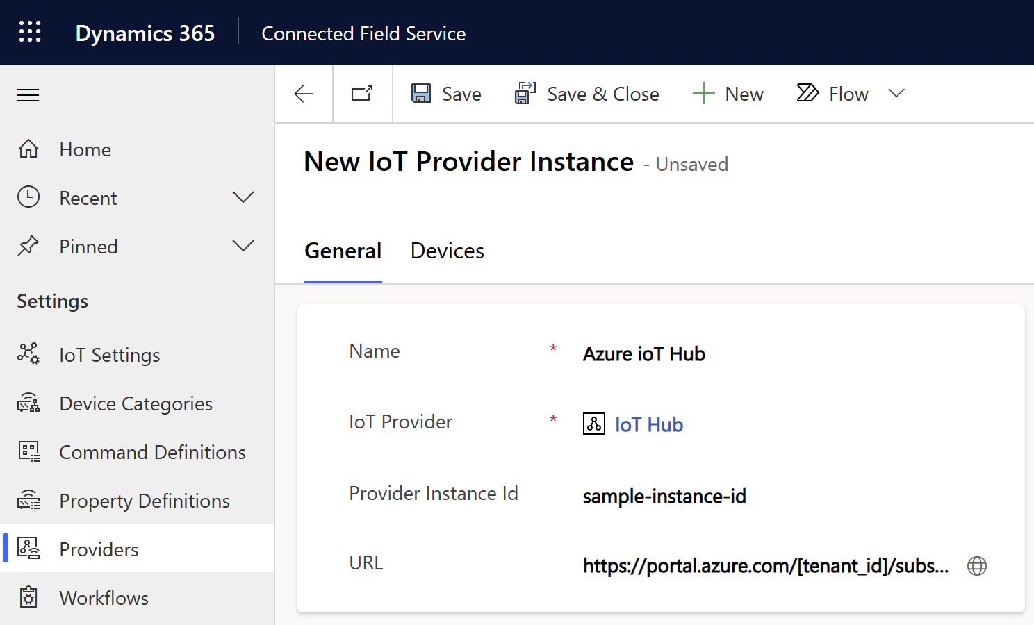 Captura de tela de um registro de instância do provedor de IoT.