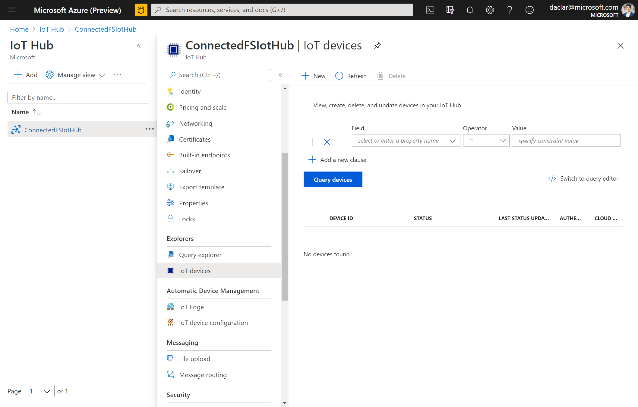 Captura de tela da tela de dispositivos IoT no Hub IoT do Azure.