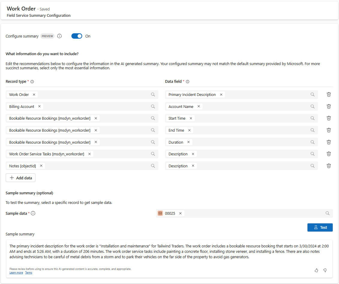 Captura de tela da configuração do resumo para o controle de resumo baseado no copiloto.