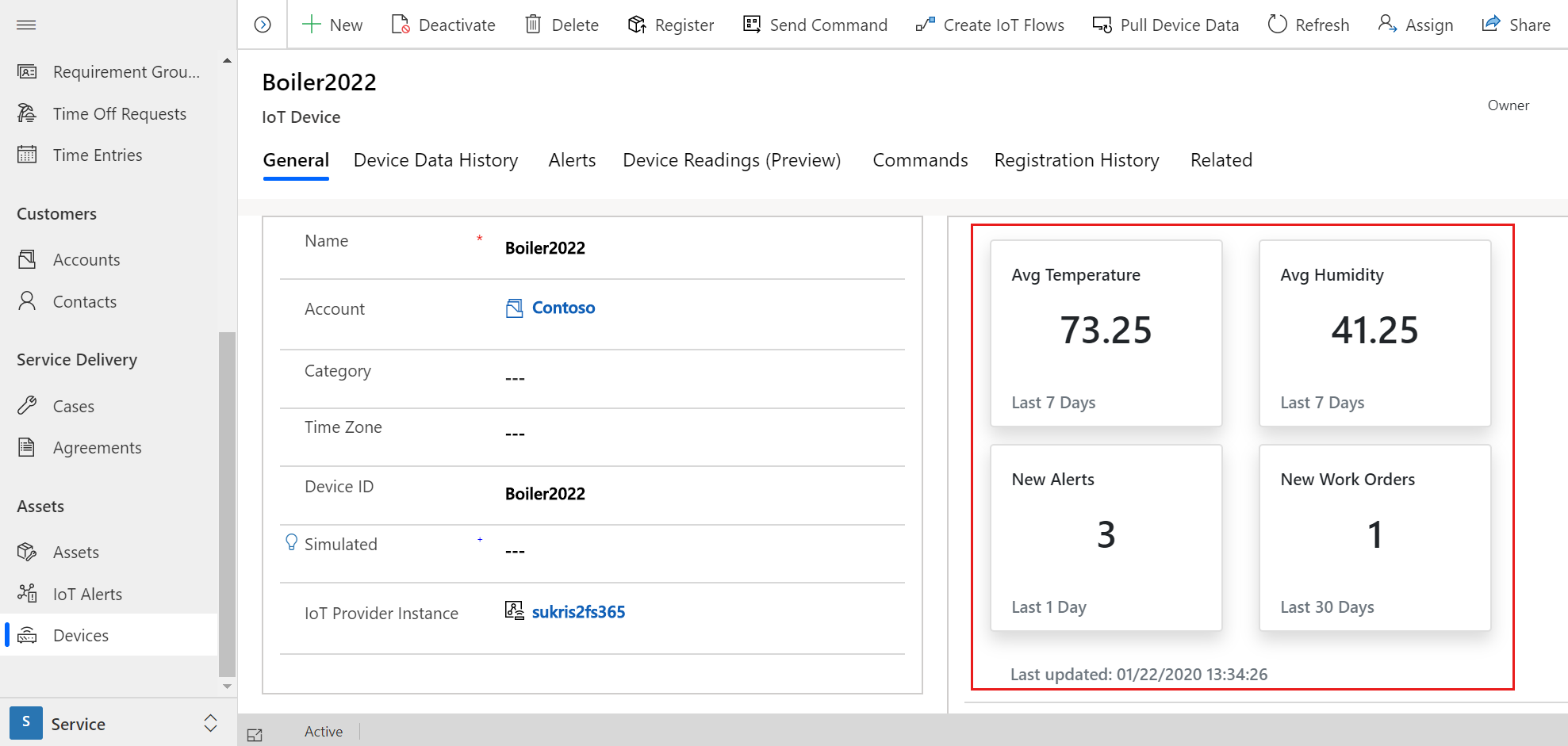 Captura de tela de um dispositivo de IoT no Field Service, mostrando leituras agregadas.