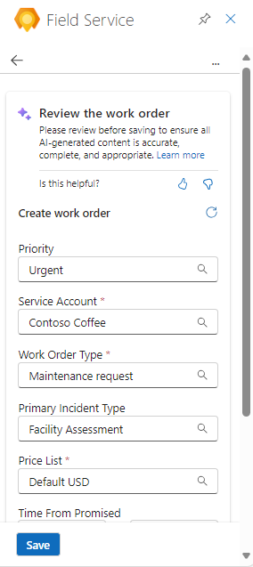 Captura de tela do painel do Outlook do Field Service mostrando uma ordem de serviço gerada automaticamente para revisão