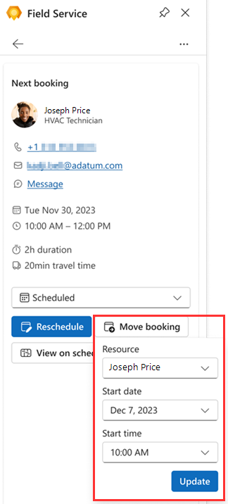 Captura de tela do painel Field Service no Outlook, com Mover item de reserva realçado