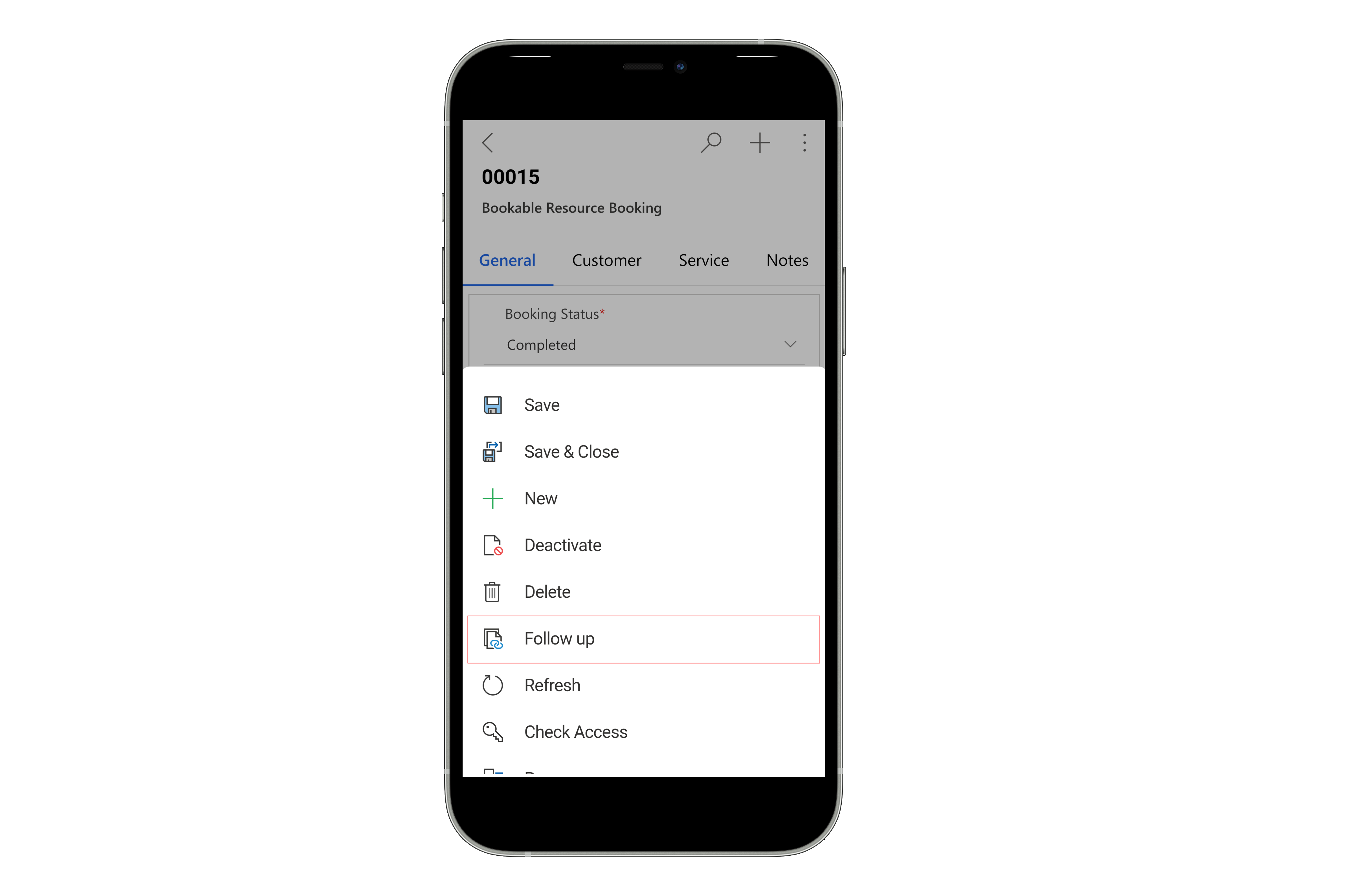 Renderização de um dispositivo móvel mostrando a opção Acompanhar no aplicativo Field Service Mobile.