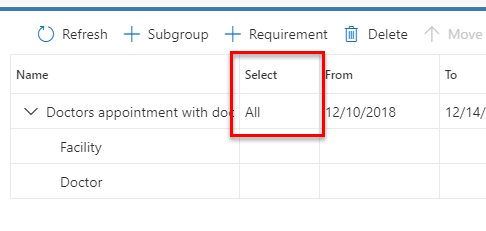 Captura de tela do campo selecionado no grupo de requisitos.