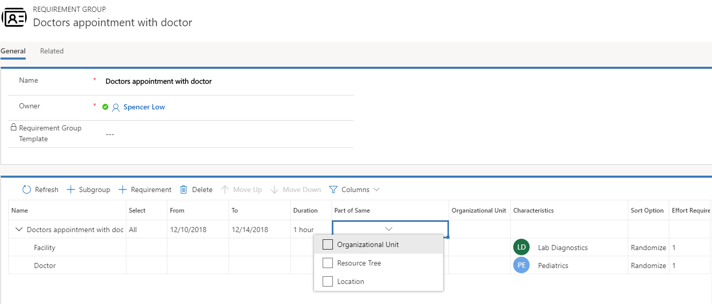 Captura de tela do grupo de requisitos e definição da opção Parte do mesmo.