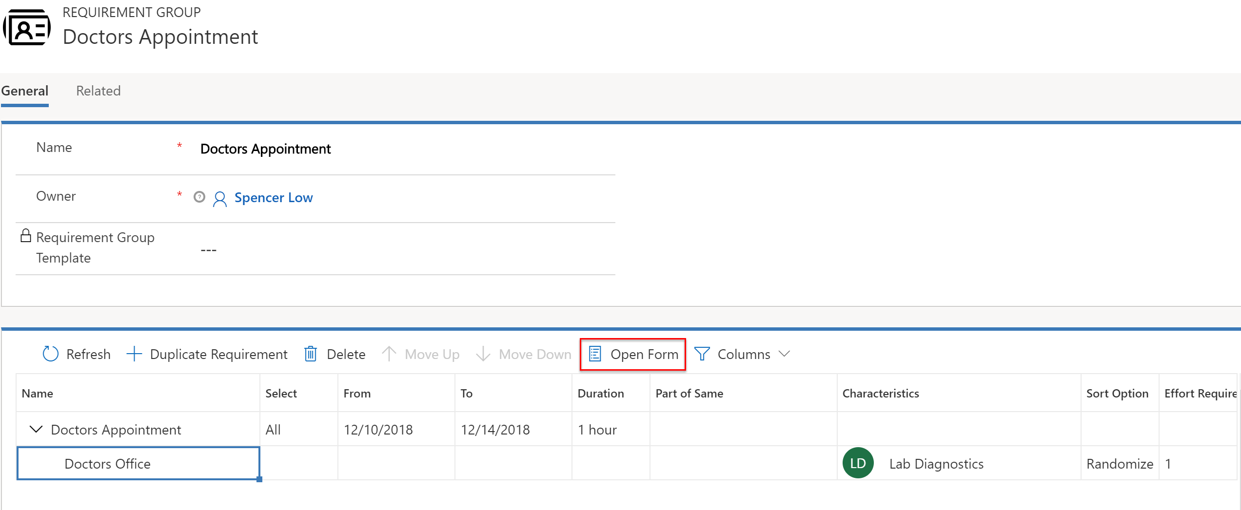 Captura de tela do grupo de requisitos com um requisito para uma instalação.