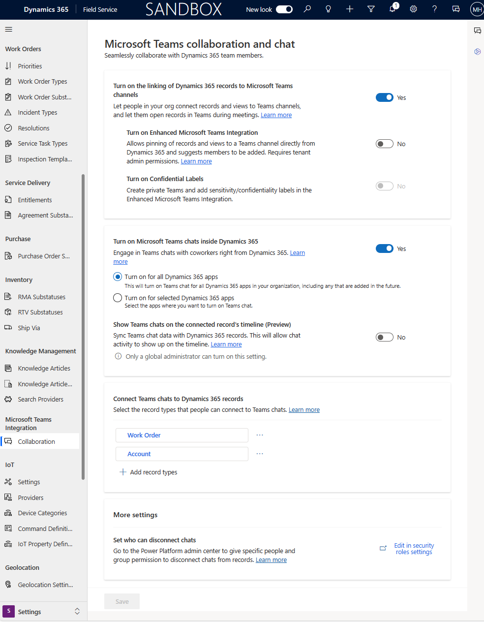 Captura de tela das configurações de integração do Teams no Field Service.