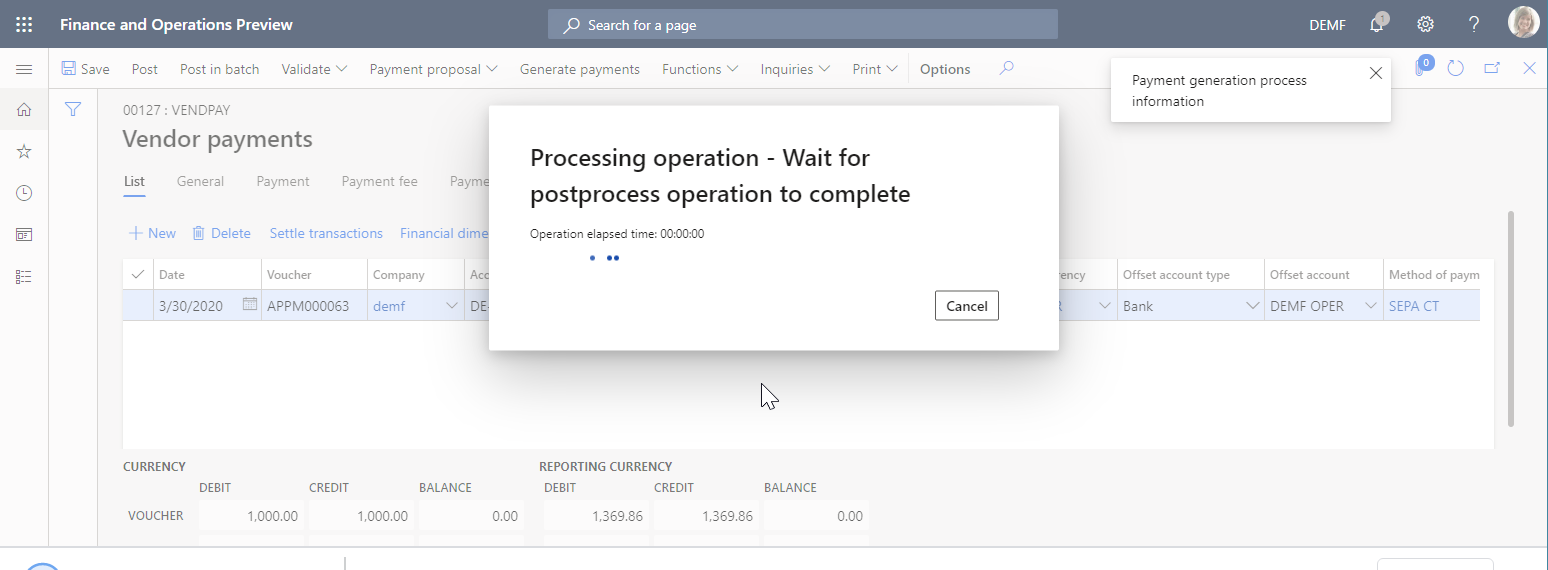 Processamento de pagamento do fornecedor em andamento.