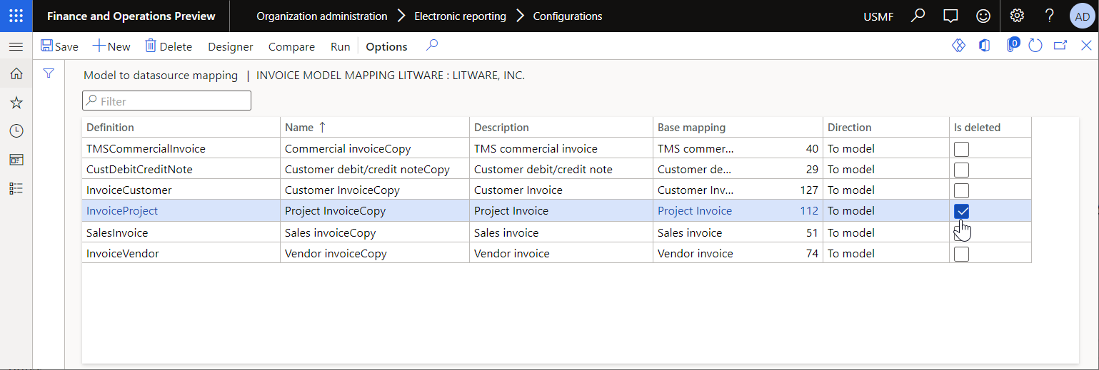 Configurar o mapeamento do modelo como excluído virtualmente na página Mapeamento de modelo para fonte de dados.