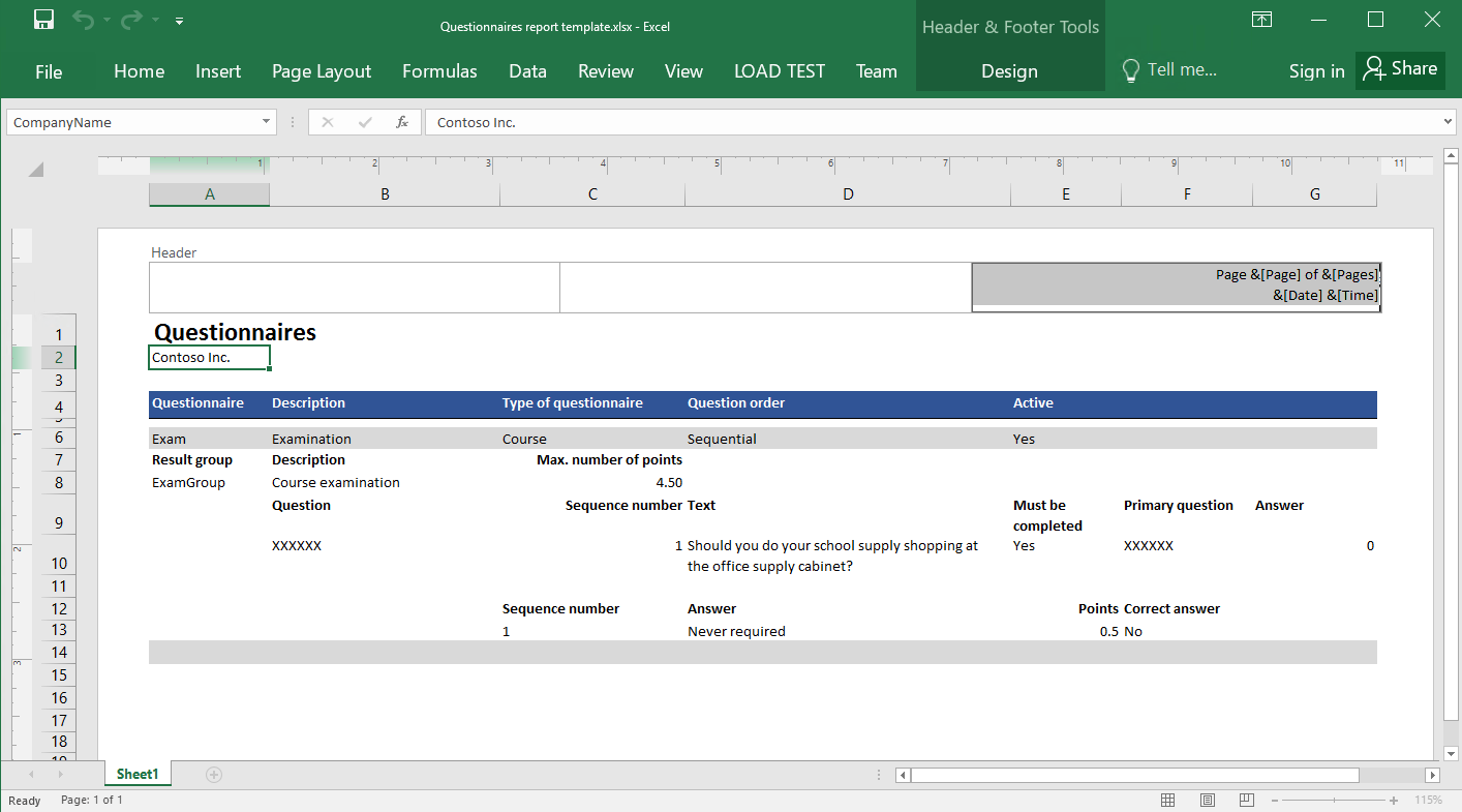 Cabeçalho do relatório personalizado no modelo do Excel fornecido.