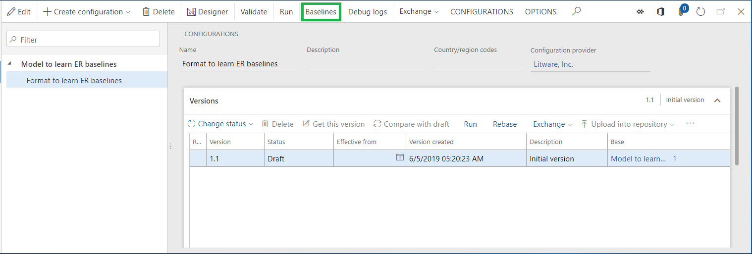 Botão Linhas de base na página Configurações.