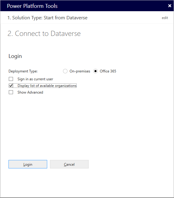 Connecting to Dataverse in the Power Platform Tools dialog box.