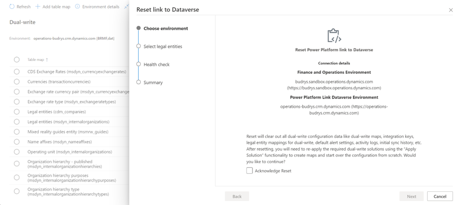 Choose environment page in the Reset link to Dataverse wizard for scenario 1.