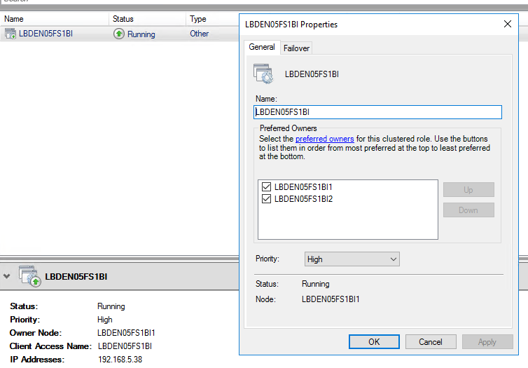 Example of a Windows failover cluster configuration.