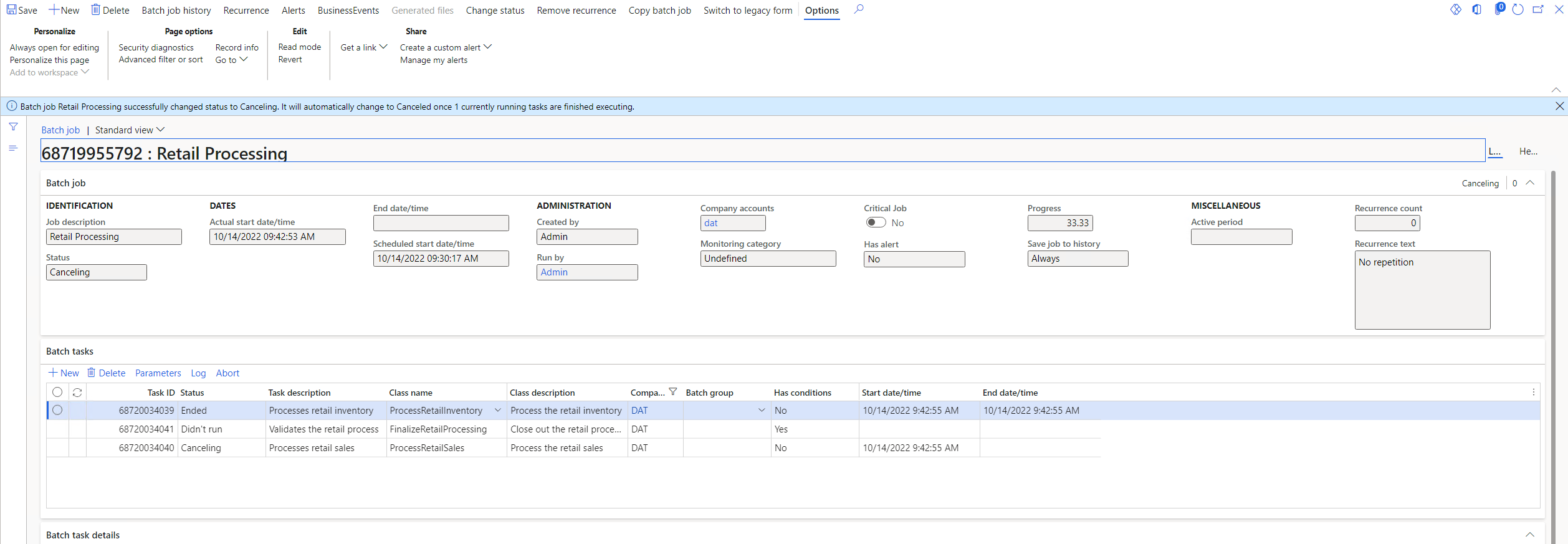 Canceled batch job and its tasks.