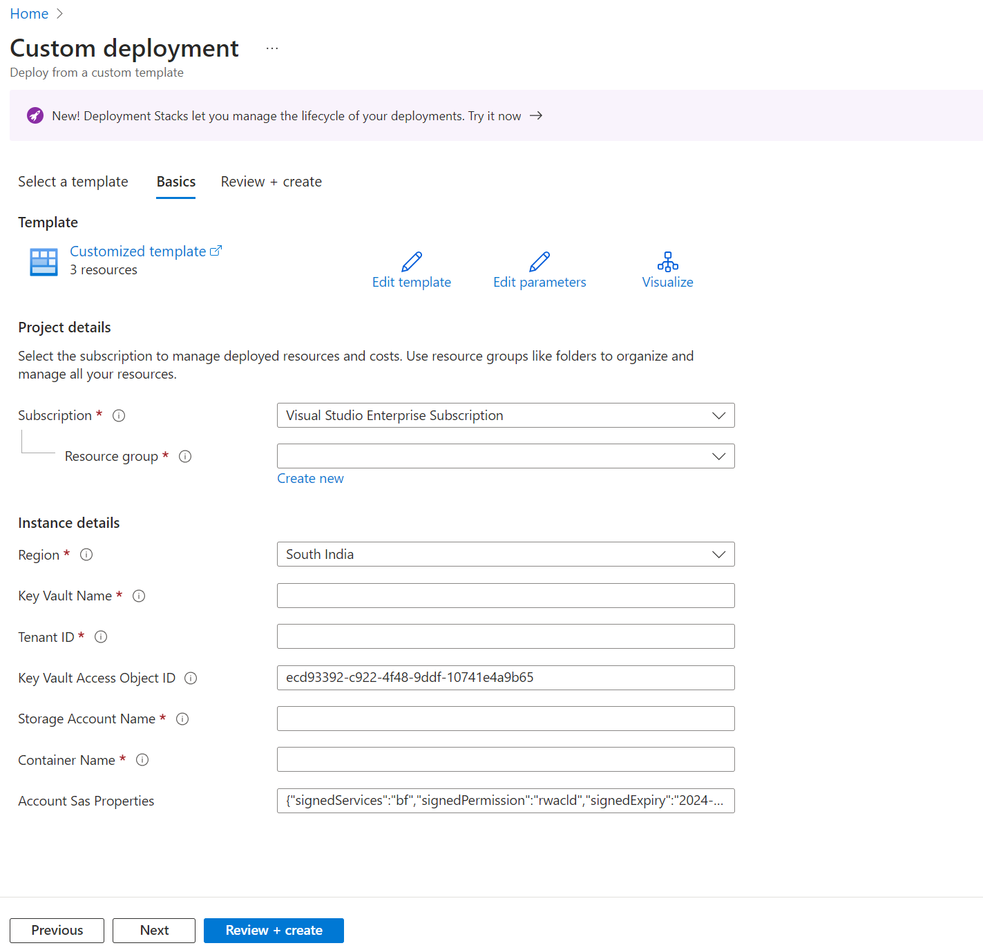 Captura de tela que mostra os parâmetros do modelo do ARM para criar recursos do Azure.