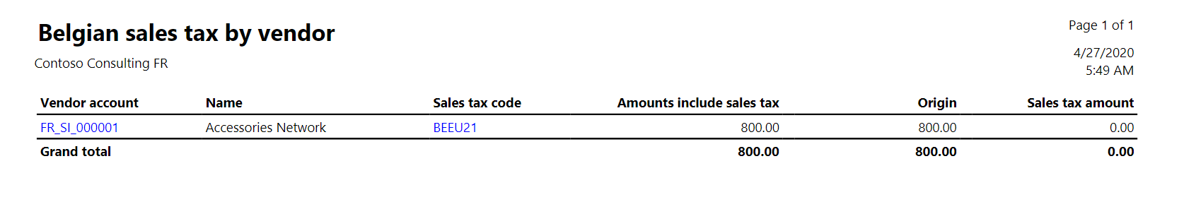 Belgian sales tax by vendor generated report.