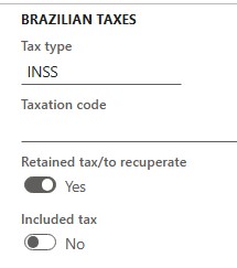 Imposto retido/a recuperar definida como Sim na seção Impostos brasileiros.