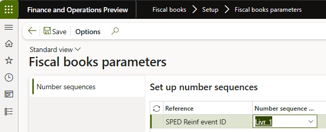 Configuração da sequência numérica na guia Sequências numéricas na página Parâmetros de livros fiscais.