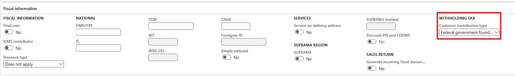 Configuração do imposto retido na fonte.