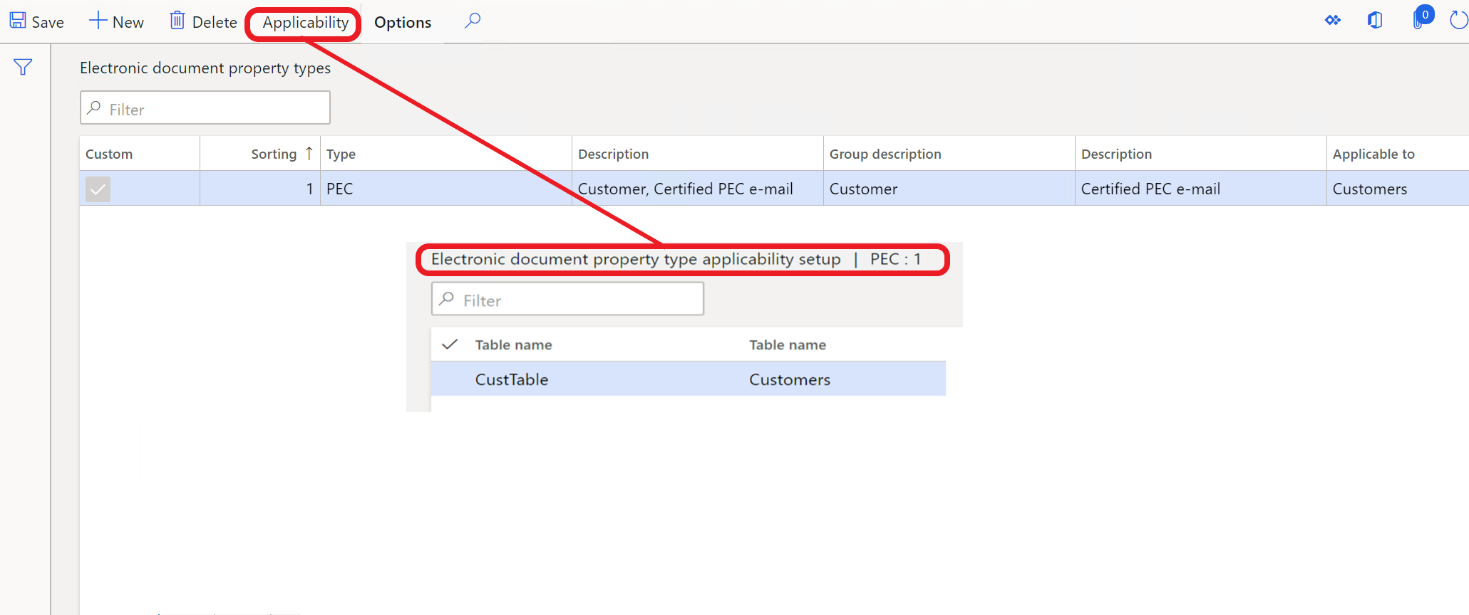 Setting applicability on the Electronic document property types page.