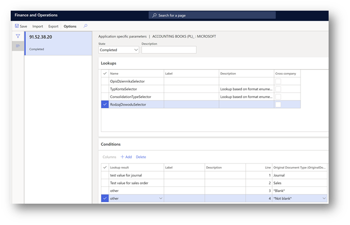 Screenshot that shows the setup of the RodzajDowoduSelector application-specific parameter.