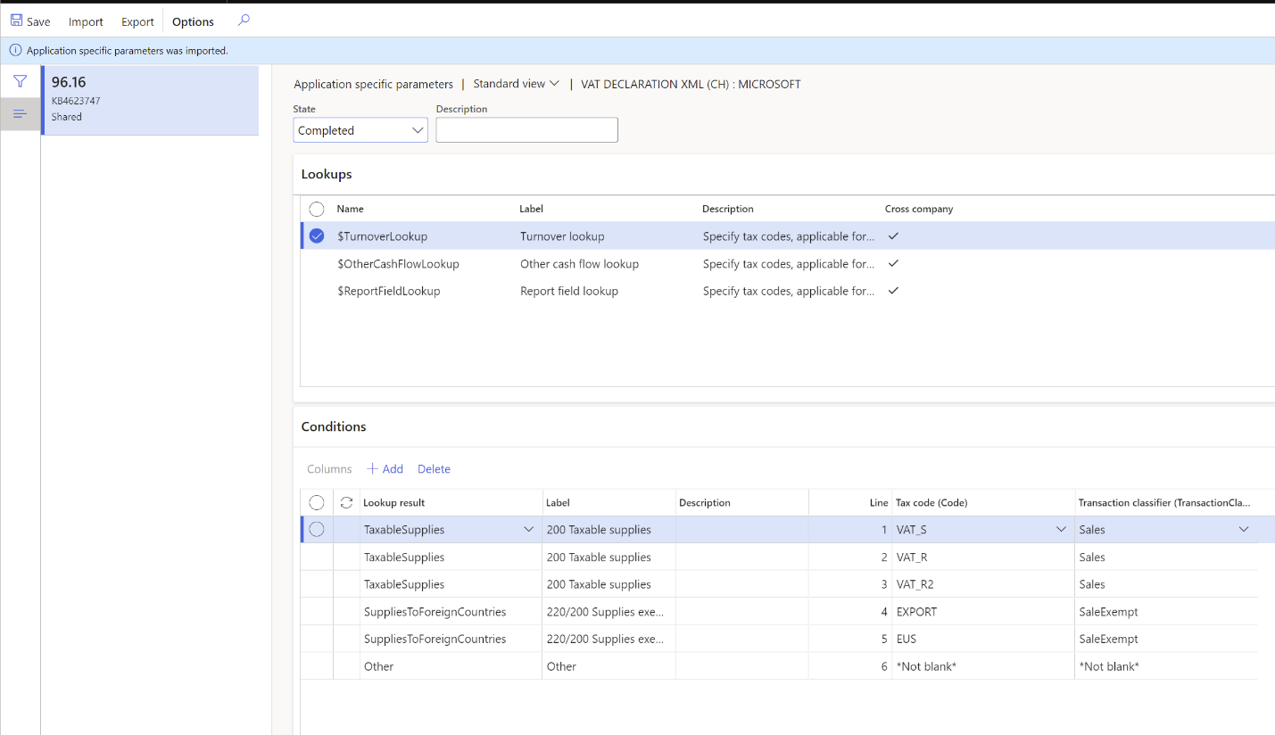 Application specific parameters page for Turnover lookup.