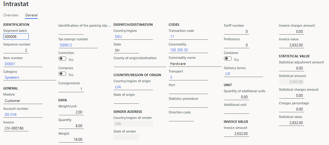 Sales order details on the General tab of the Intrastat page