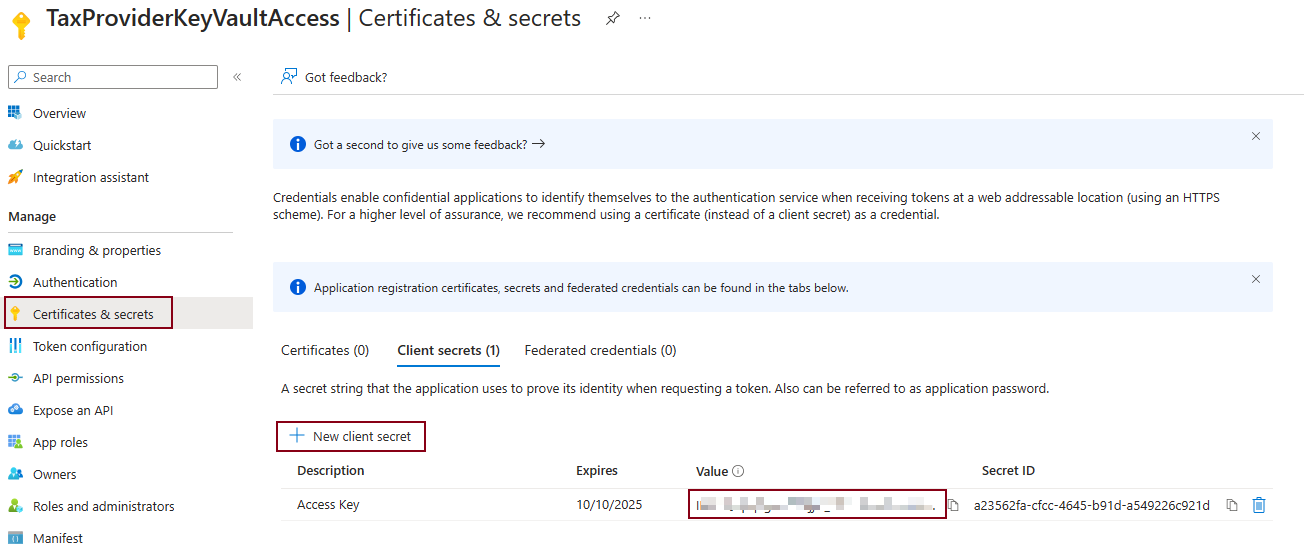 Captura de tela da página Certificados e segredos com o botão Novo segredo do cliente realçado.