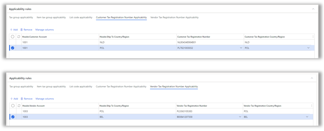 IDs do registro de imposto do cliente e do fornecedor na página de configuração do recurso Imposto.