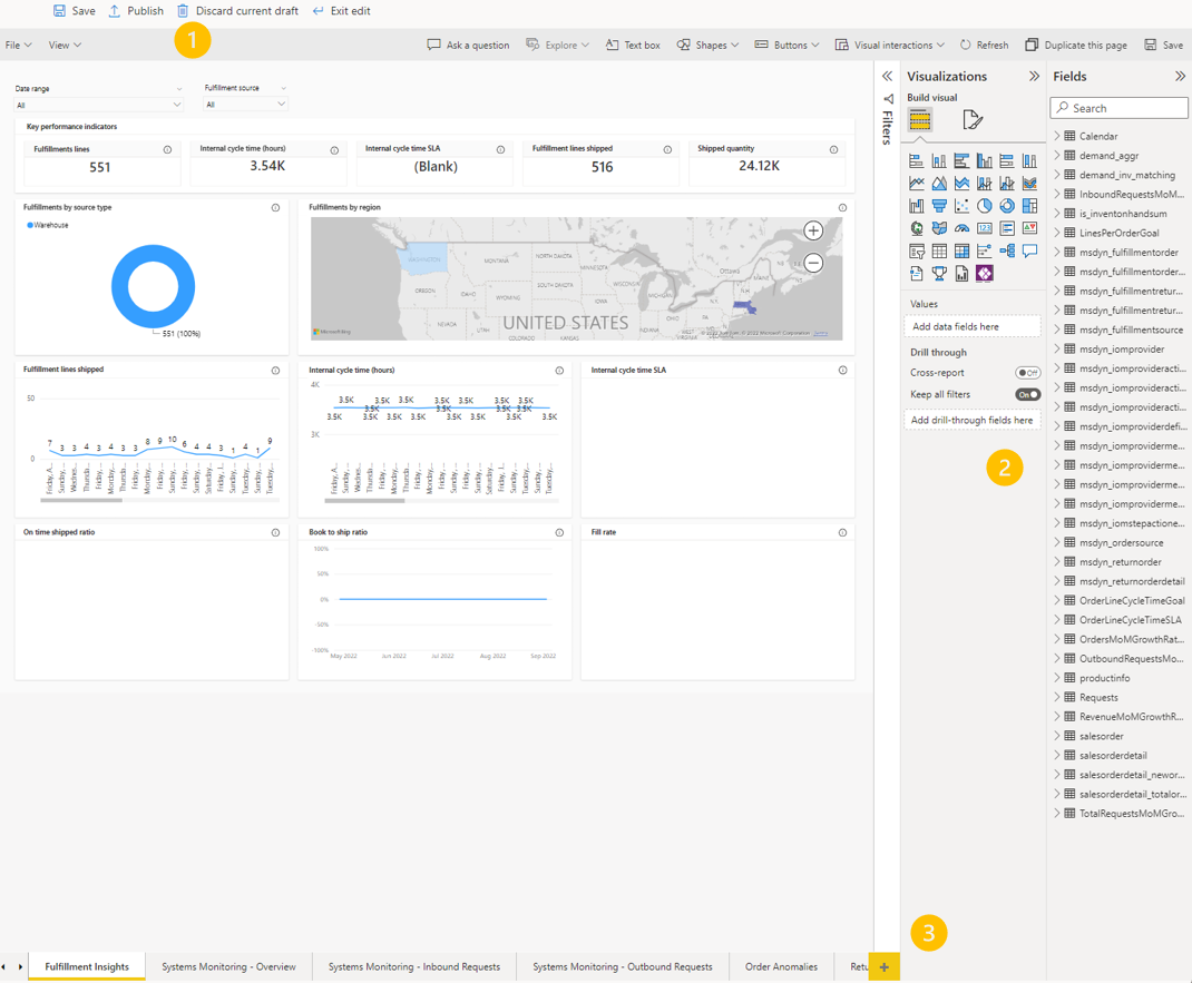 Controles de edição, controles de personalização e botão Nova página em uma página Insights.