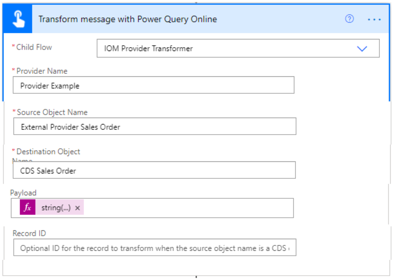 Captura de tela de transformação de mensagem com o Power Query Online.