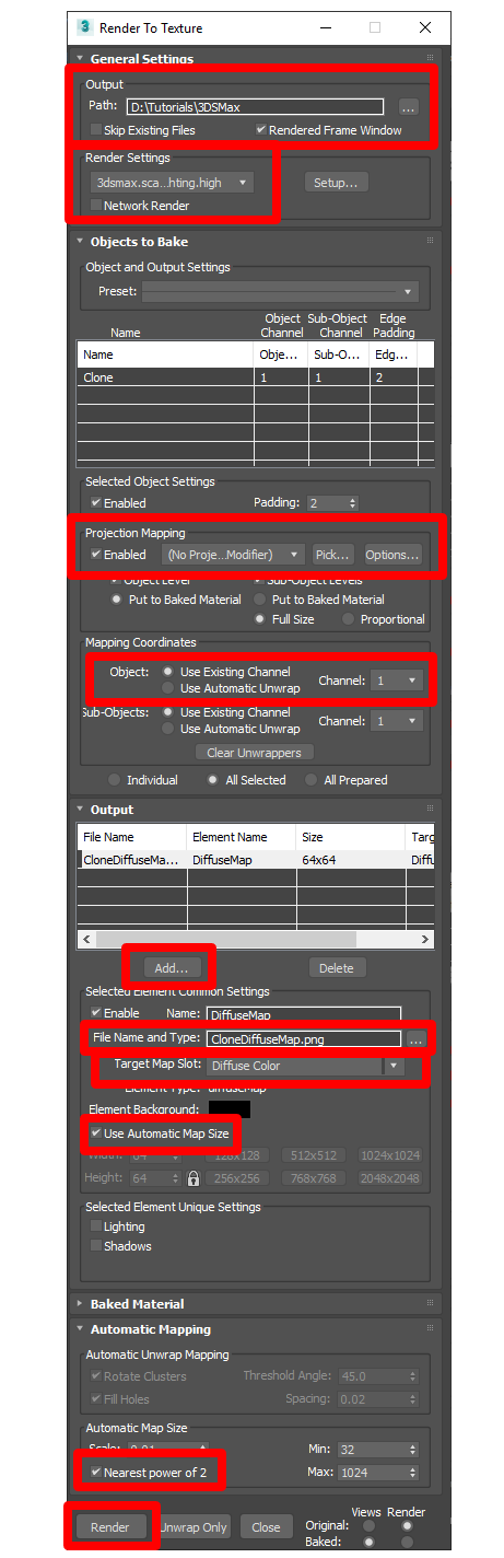 Todas as configurações de renderização.