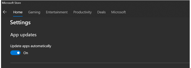 Página da Microsoft Store, onde a opção Atualizar aplicativos automaticamente está ativada.