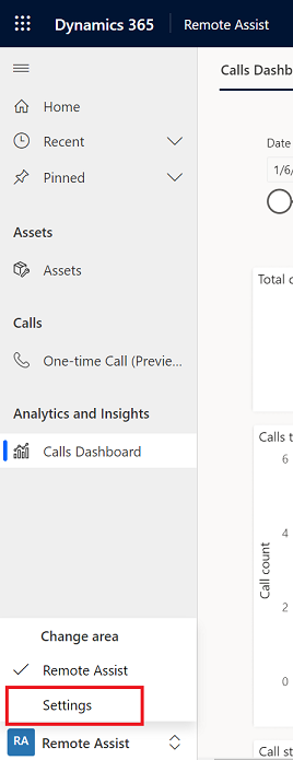 Alterar área em Configurações no aplicativo baseado em modelo do Remote Assist