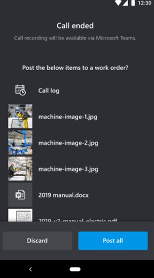 Captura de tela do Dynamics 365 Remote Assist para dispositivos móveis quando integrado ao Field Service.