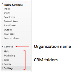 Painel de navegação do Dynamics 365 for Outlook.