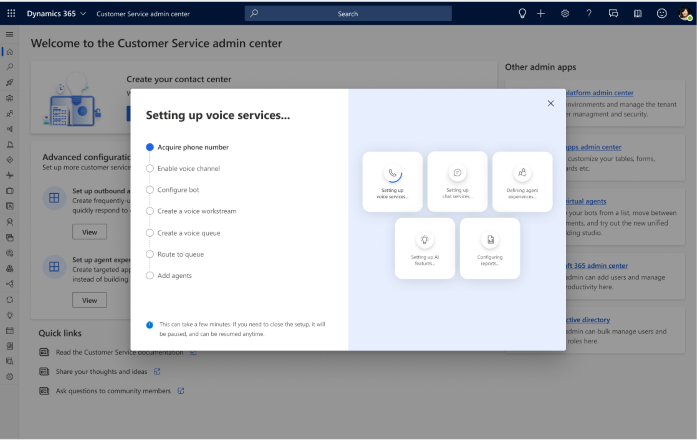 Central de contatos para configuração com um clique