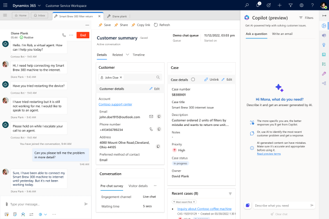 Capacidade de filtragem disponível no painel do Copilot