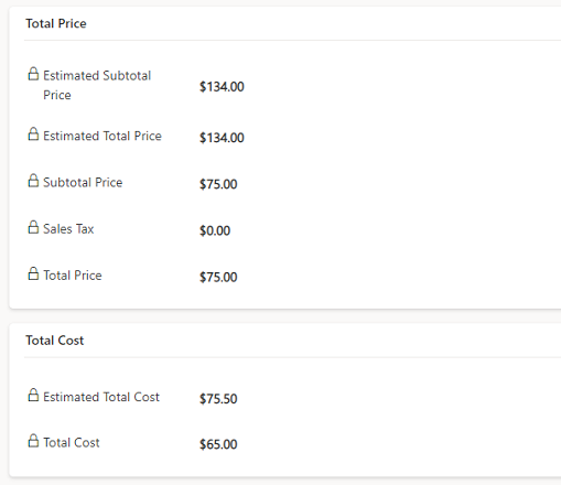Captura de tela de cartões de Preço Total e Custo Total em um formulário de ordem de serviço.